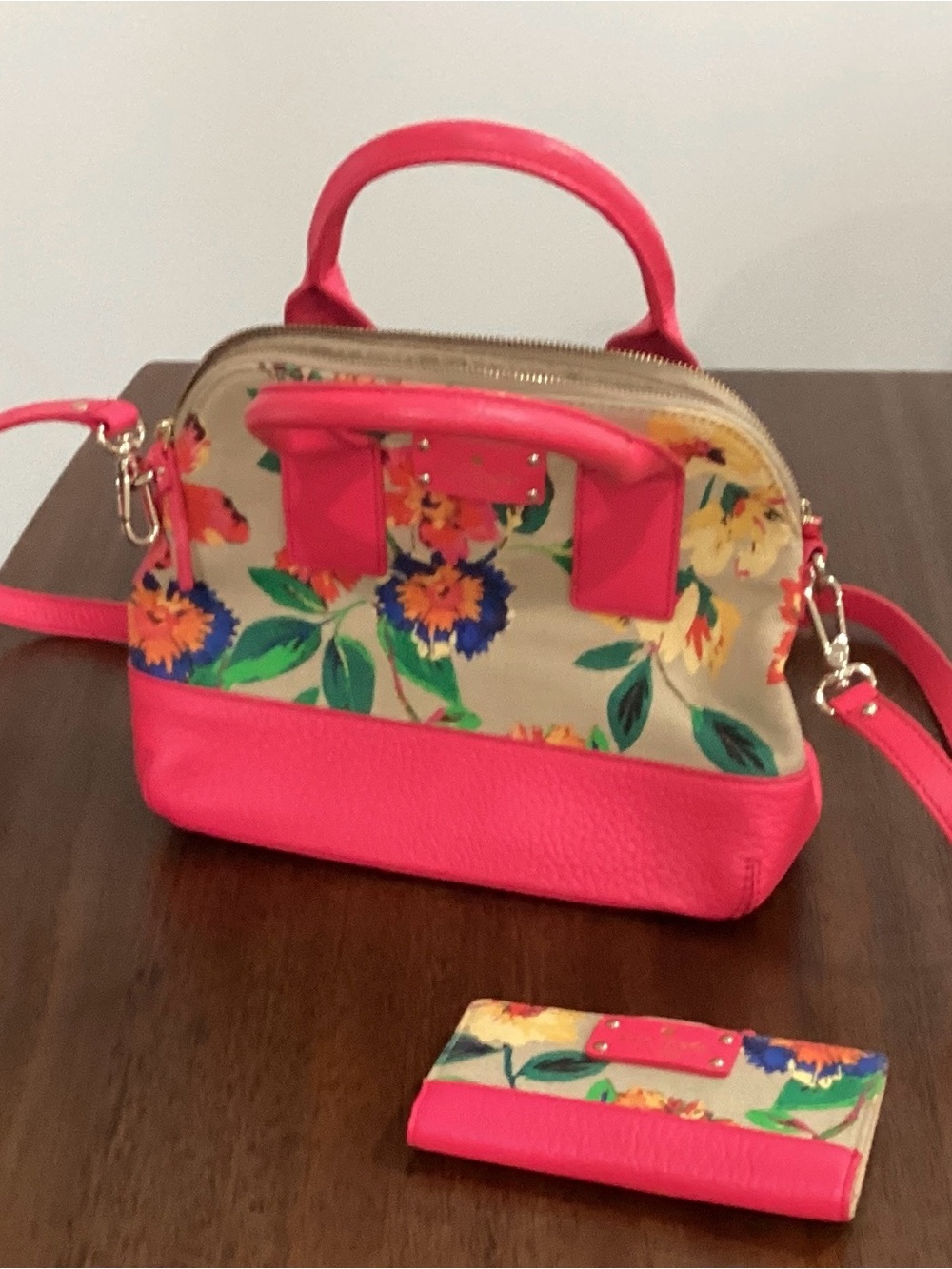 kate spade Beige Canvas Floral Tote with Hot Pink Trim - Picture 5 of 8